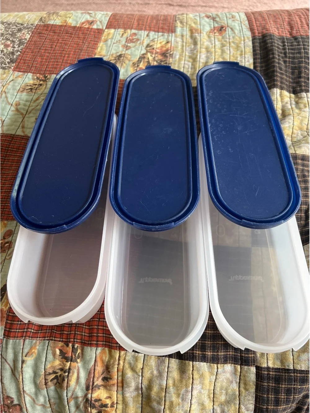 Set of 3 Tupperware Blue and White Plastic Storage Containers with Lids